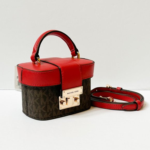 Michael Kors Rose MINI Trunk Crossbody Shoulder Bag MK Brown Red - Picture 3 of 10